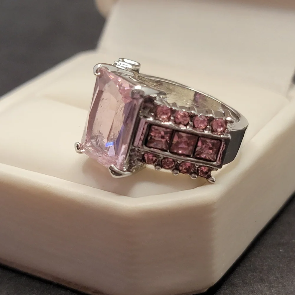 Silver Tone Simulated Pink Gemstone Ring